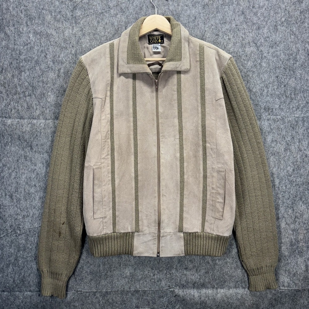 Vintage 70s Leather Suede Jacket Medium Full Zip Knit White Oak Brown MCM Madmen